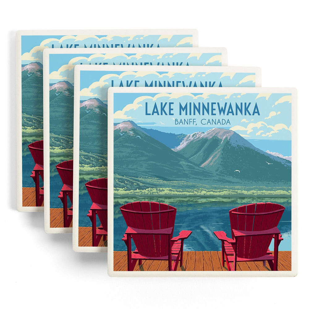 Lake Minnewanka with Adirondack Chairs, Banff Canada, Painterly, Coasters Coasters Lantern Press 
