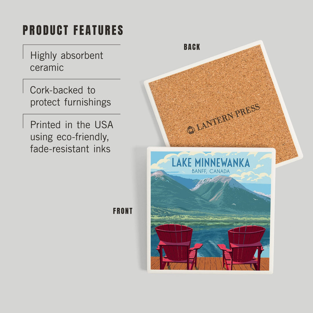 Lake Minnewanka with Adirondack Chairs, Banff Canada, Painterly, Coasters Coasters Lantern Press 