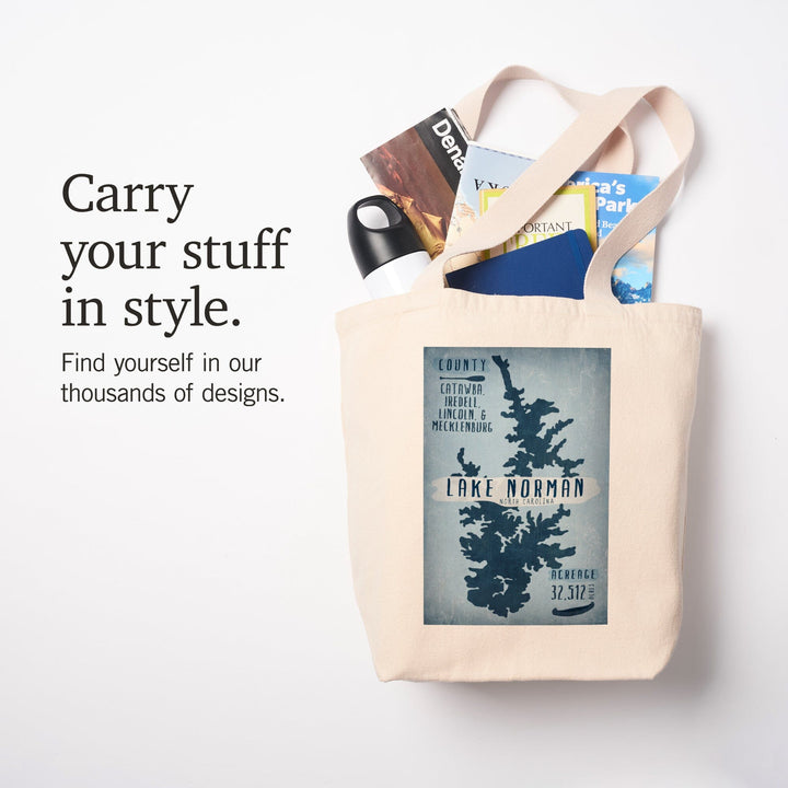 Lake Norman, North Carolina, Lake Essentials, Shape, Acreage and County, Tote Bag Totes Lantern Press 