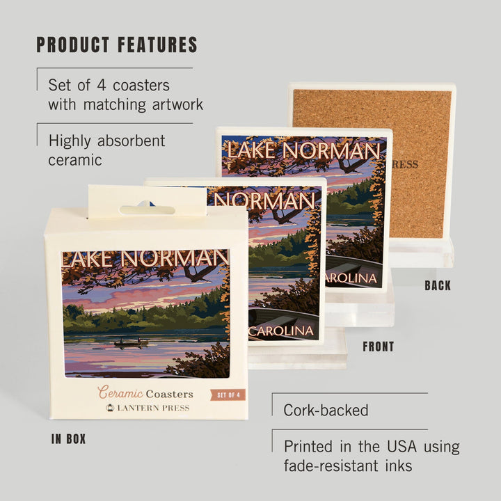 Lake Norman, North Carolina, Lake Scene at Dusk, Lantern Press Artwork, Coaster Set - Lantern Press