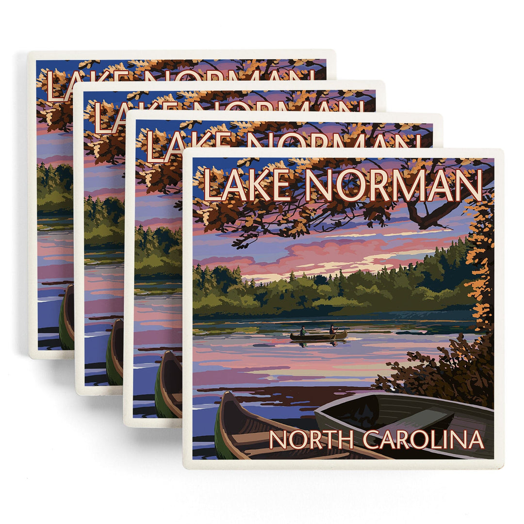 Lake Norman, North Carolina, Lake Scene at Dusk, Lantern Press Artwork, Coaster Set - Lantern Press