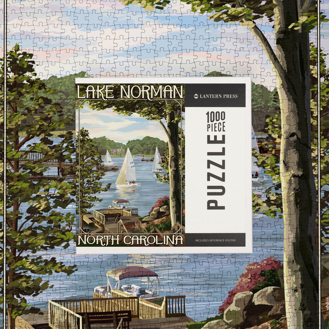 Lake Norman, North Carolina, Lake View with Sailboats, Jigsaw Puzzle Puzzle Lantern Press 