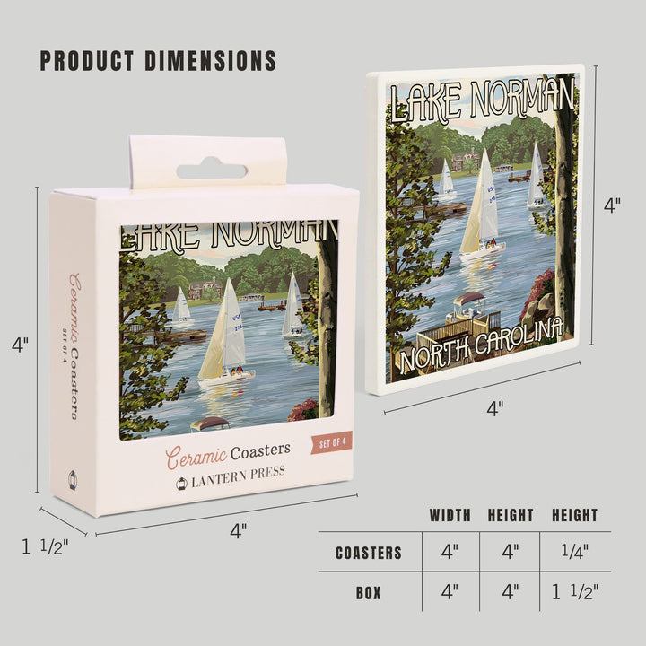 Lake Norman, North Carolina, Lake View with Sailboats, Lantern Press Artwork, Coaster Set - Lantern Press