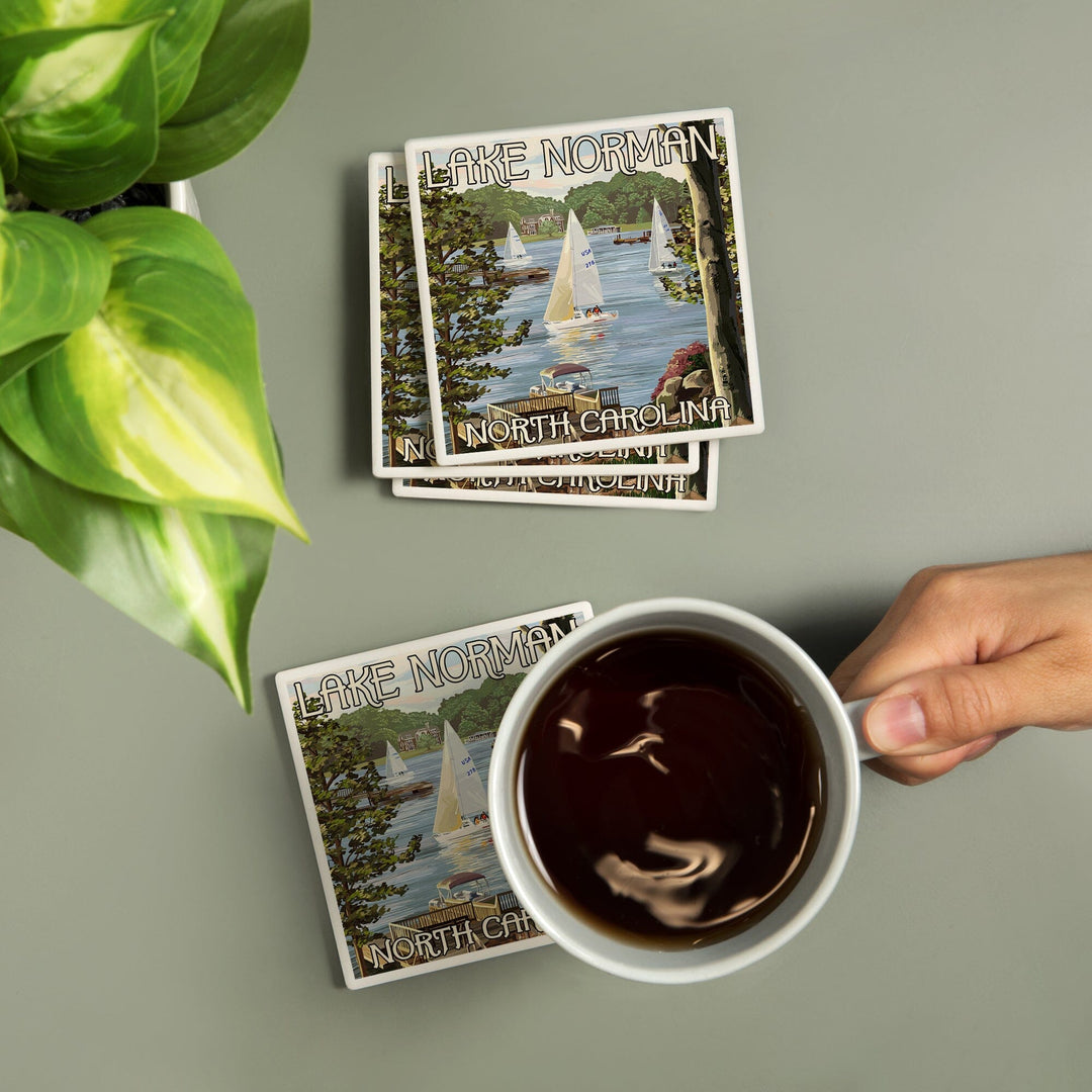 Lake Norman, North Carolina, Lake View with Sailboats, Lantern Press Artwork, Coaster Set - Lantern Press