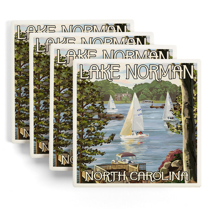 Lake Norman, North Carolina, Lake View with Sailboats, Lantern Press Artwork, Coaster Set - Lantern Press