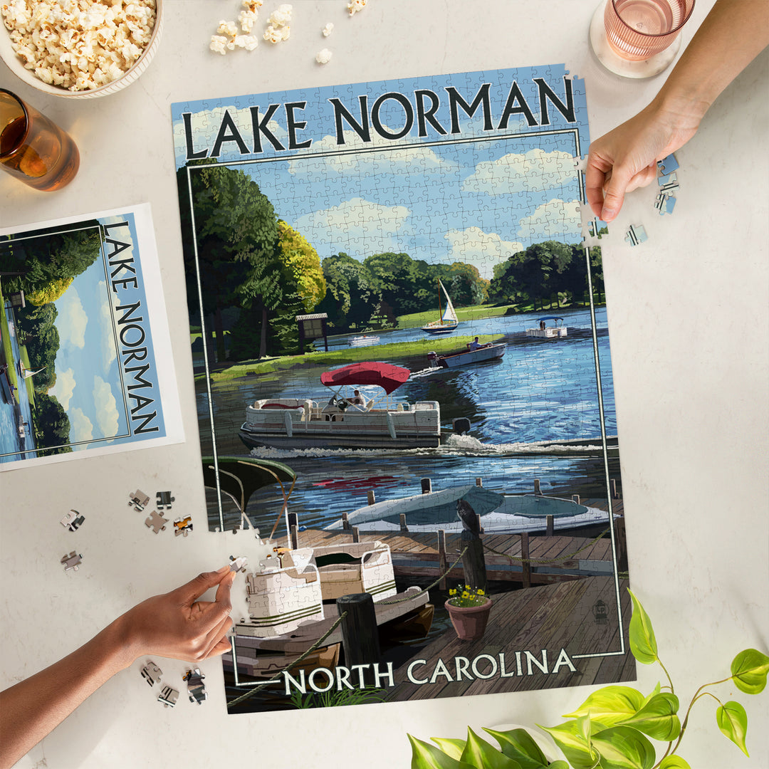 Lake Norman, North Carolina, Pontoon Boats, Jigsaw Puzzle Puzzle Lantern Press 