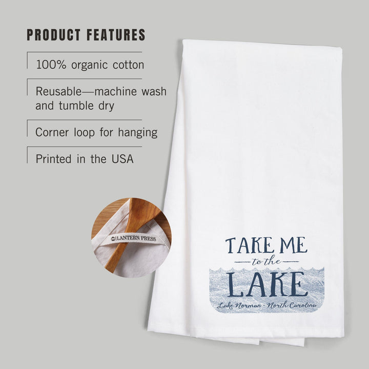 Lake Norman, North Carolina, Take Me to the Lake, Waves Background, Contour, Organic Cotton Kitchen Tea Towels Kitchen Lantern Press 