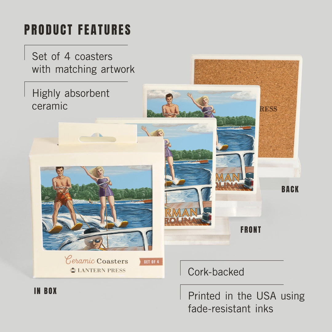 Lake Norman, North Carolina, Water Skiing, Lantern Press Artwork, Coaster Set - Lantern Press