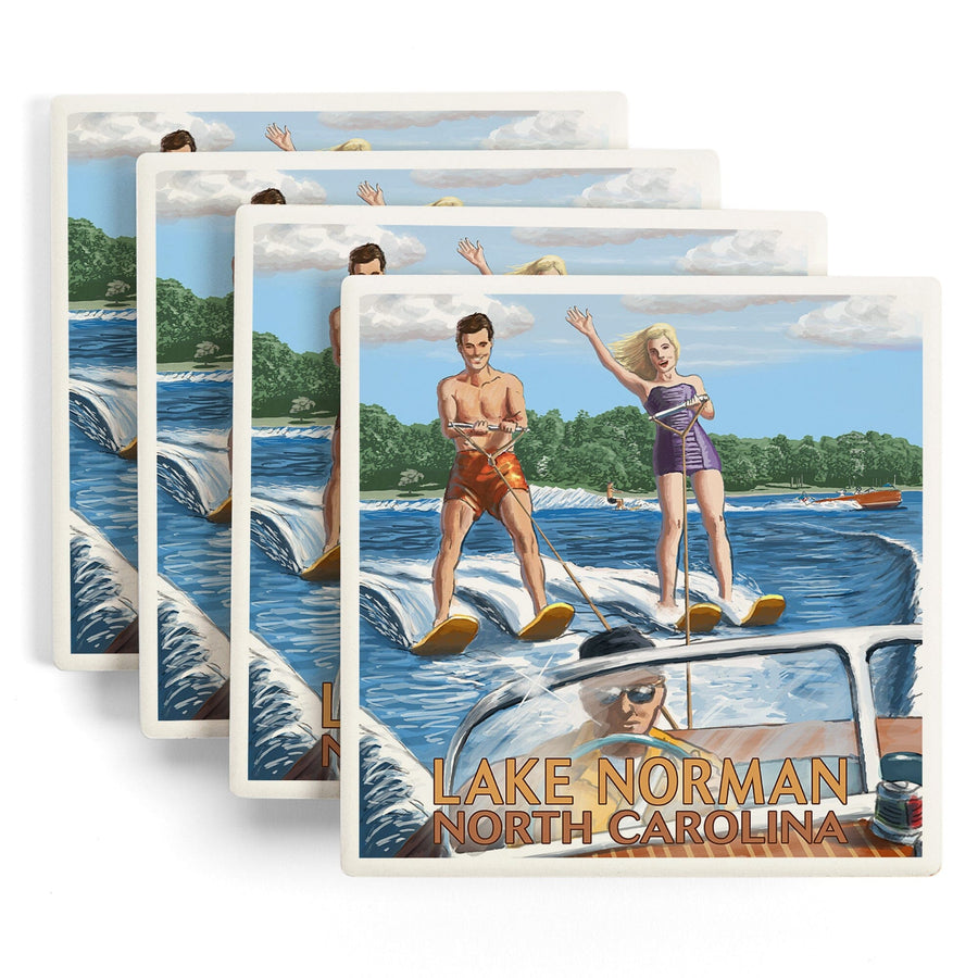 Lake Norman, North Carolina, Water Skiing, Lantern Press Artwork, Coaster Set - Lantern Press