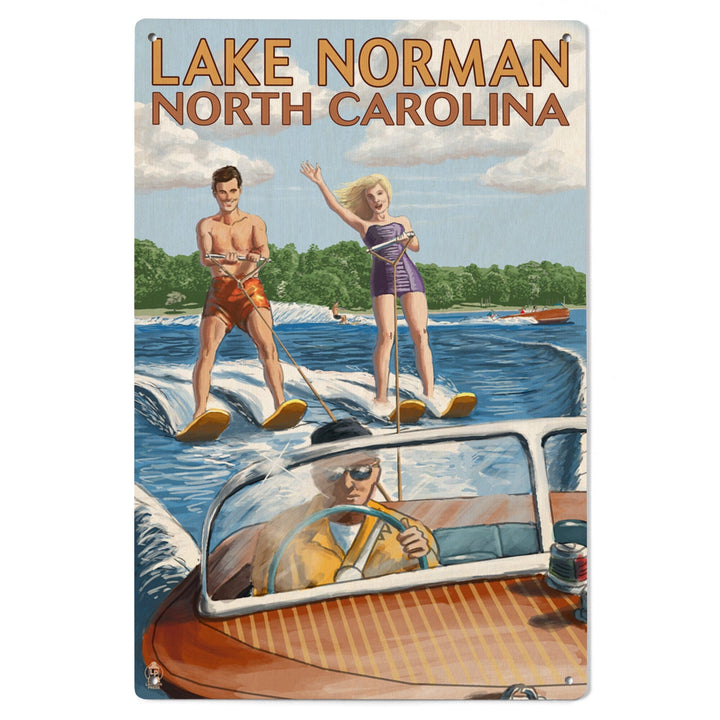 Lake Norman, North Carolina, Water Skiing, Lantern Press Artwork, Wood Signs and Postcards - Lantern Press