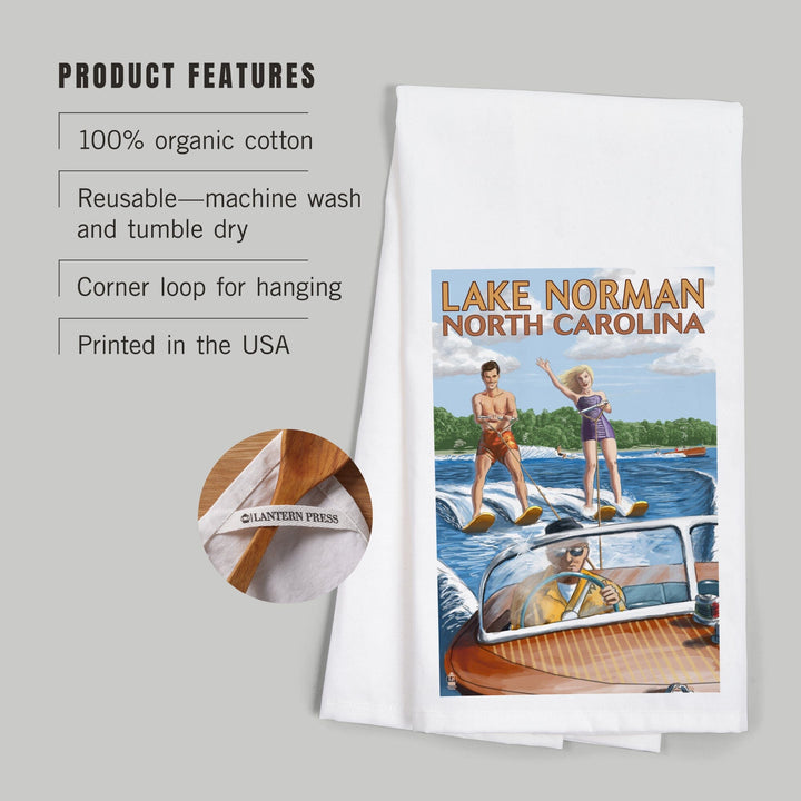 Lake Norman, North Carolina, Water Skiing, Organic Cotton Kitchen Tea Towels Kitchen Lantern Press 