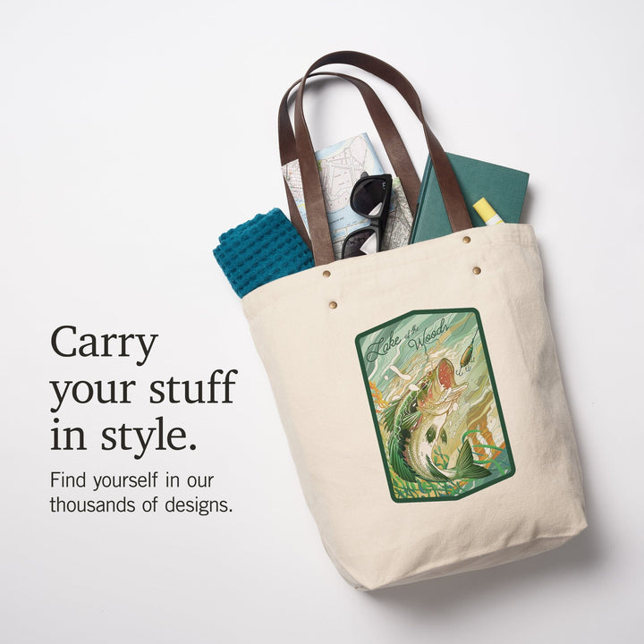 Lake of the Woods, Minnesota, Fish All Day, Bass, Contour, Deluxe Tote Totes Lantern Press 