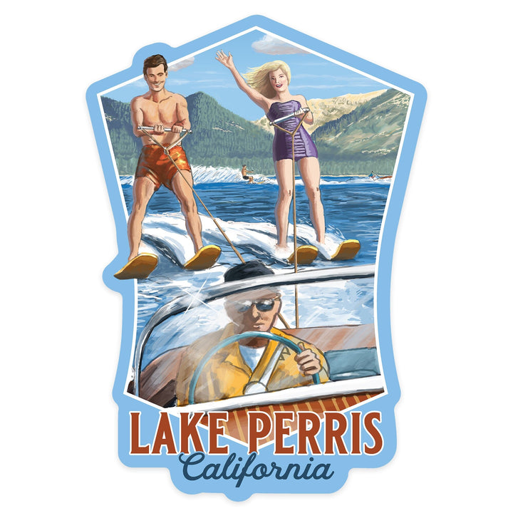 Lake Perris, California, Water Skiing Scene, Contour, Vinyl Sticker - Lantern Press