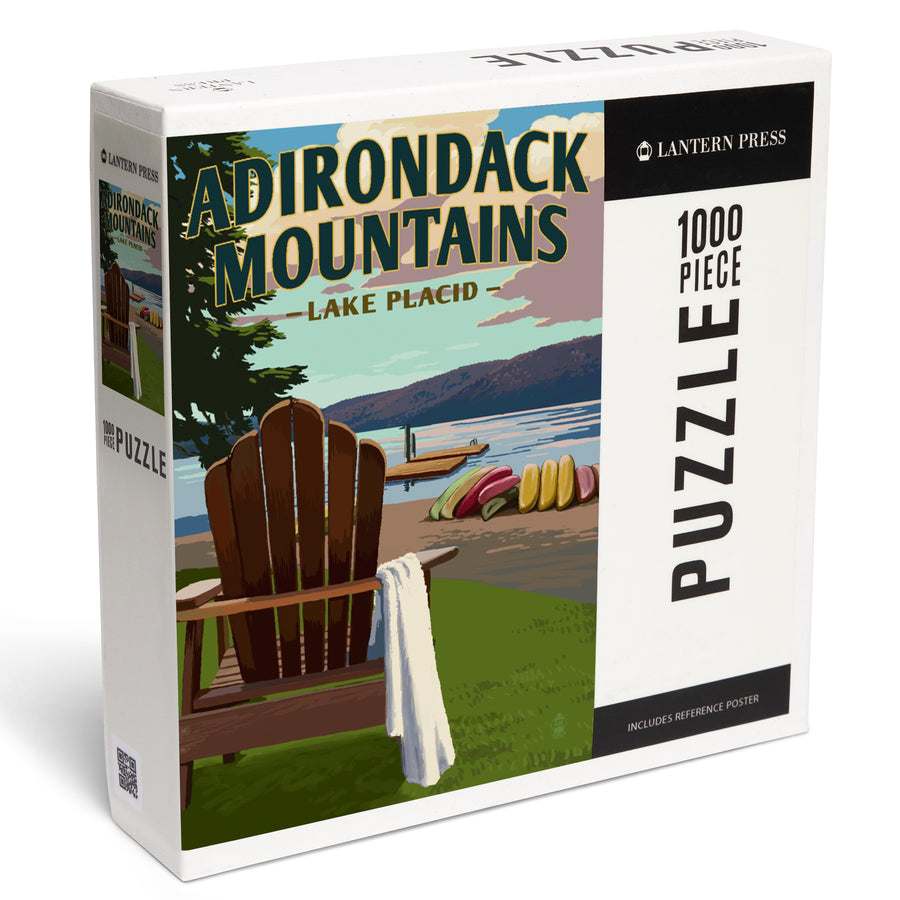 Lake Placid, New York, Adirondack Mountains, Lake and Adirondack Chair, Jigsaw Puzzle Puzzle Lantern Press 