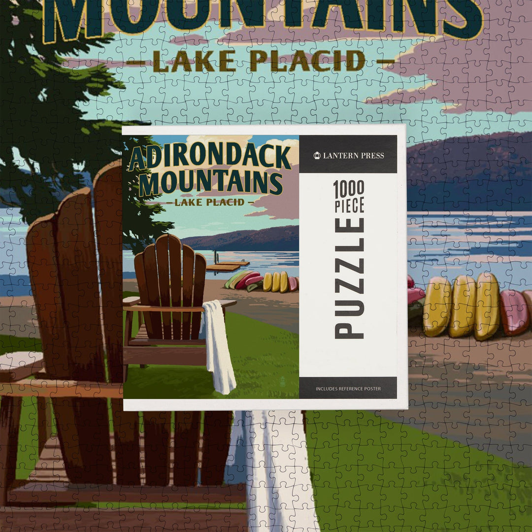 Lake Placid, New York, Adirondack Mountains, Lake and Adirondack Chair, Jigsaw Puzzle Puzzle Lantern Press 