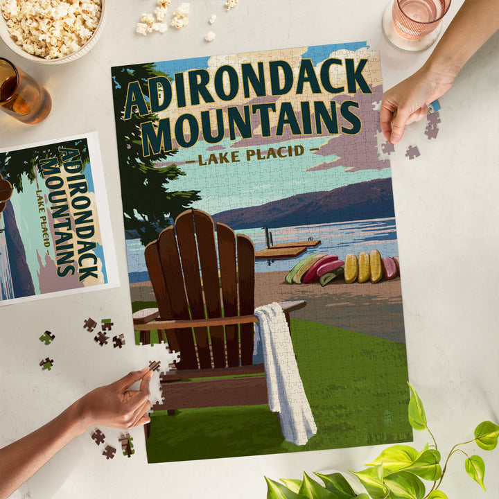 Lake Placid, New York, Adirondack Mountains, Lake and Adirondack Chair, Jigsaw Puzzle Puzzle Lantern Press 