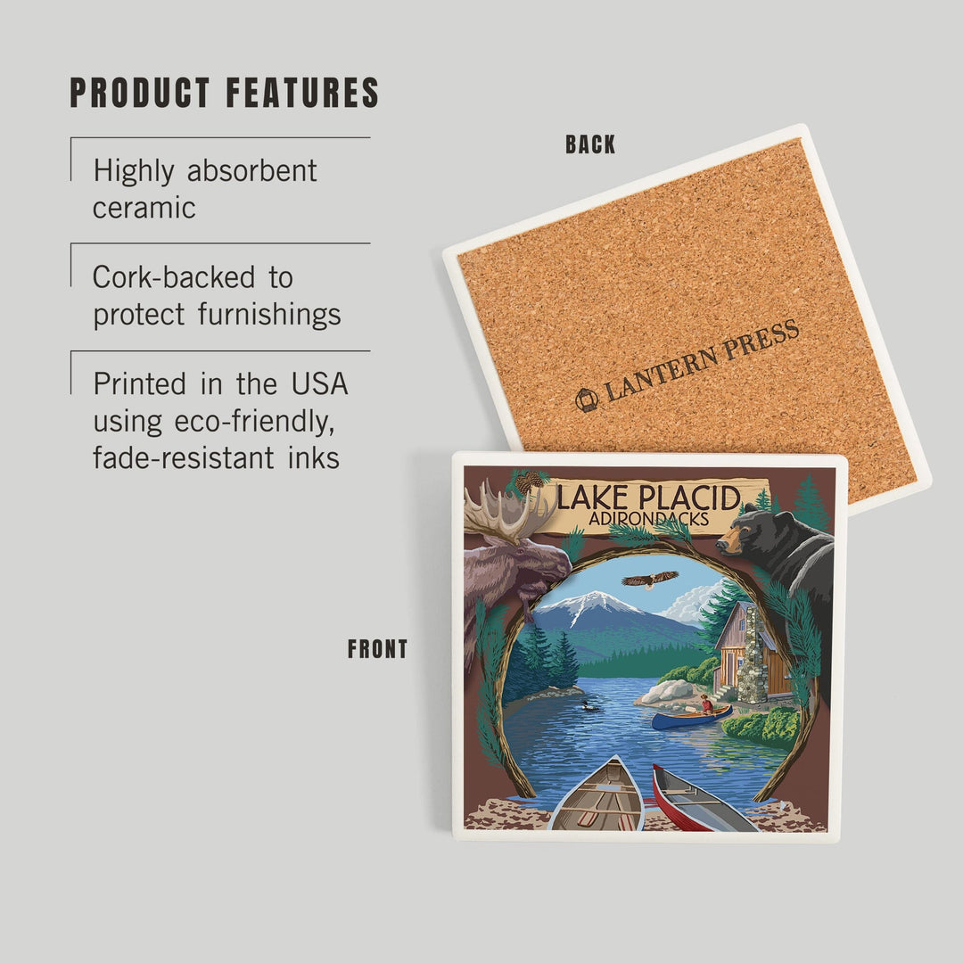 Lake Placid, New York, Adirondacks Canoe Scene, Coasters Coasters Lantern Press 