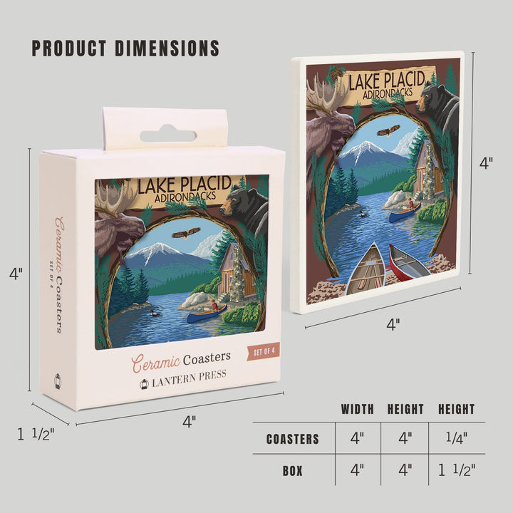 Lake Placid, New York, Adirondacks Canoe Scene, Coasters Coasters Lantern Press 