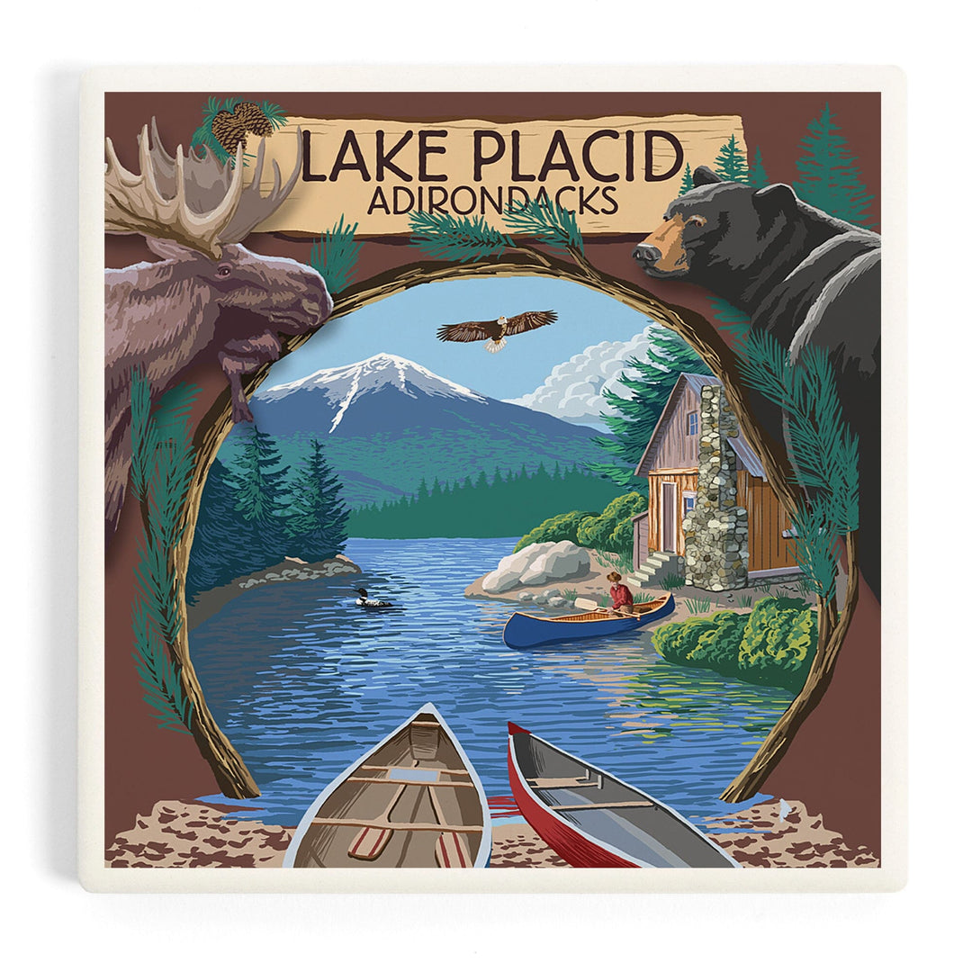 Lake Placid, New York, Adirondacks Canoe Scene, Coasters Coasters Lantern Press Coaster 