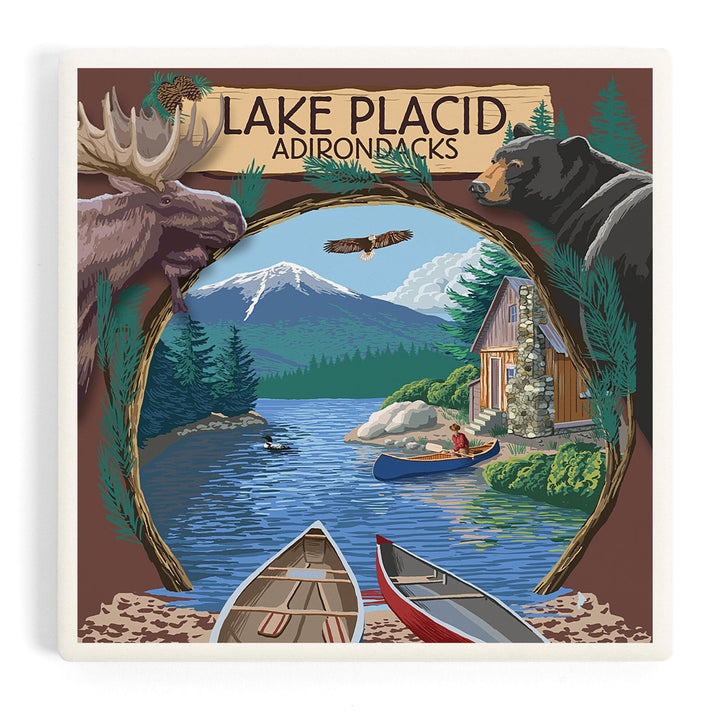 Lake Placid, New York, Adirondacks Canoe Scene, Coasters Coasters Lantern Press Coaster 