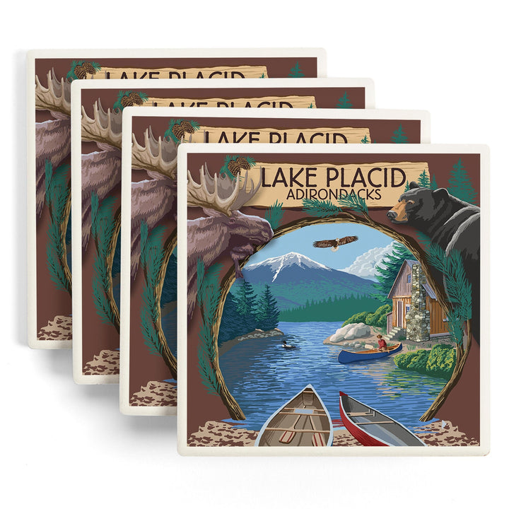 Lake Placid, New York, Adirondacks Canoe Scene, Lantern Press Artwork, Coaster Set - Lantern Press