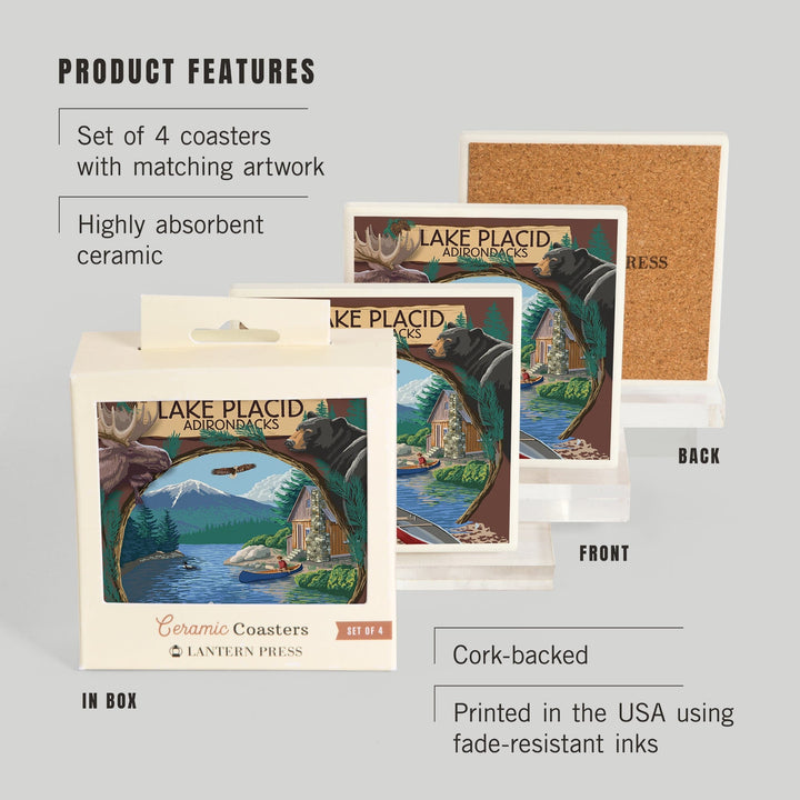 Lake Placid, New York, Adirondacks Canoe Scene, Lantern Press Artwork, Coaster Set - Lantern Press