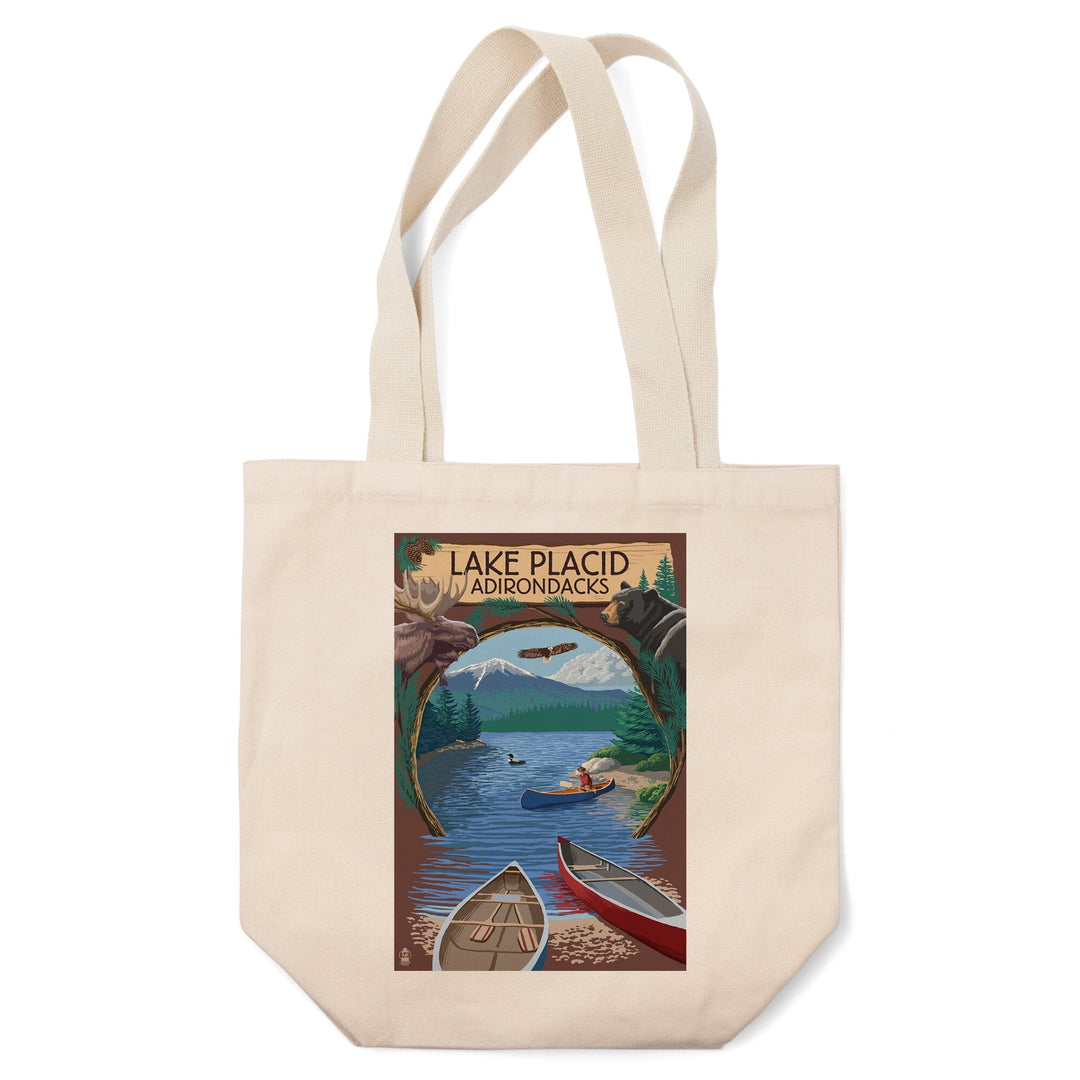 Lake Placid, New York, Adirondacks Canoe Scene, Lantern Press Artwork, Tote Bag Totes Lantern Press 