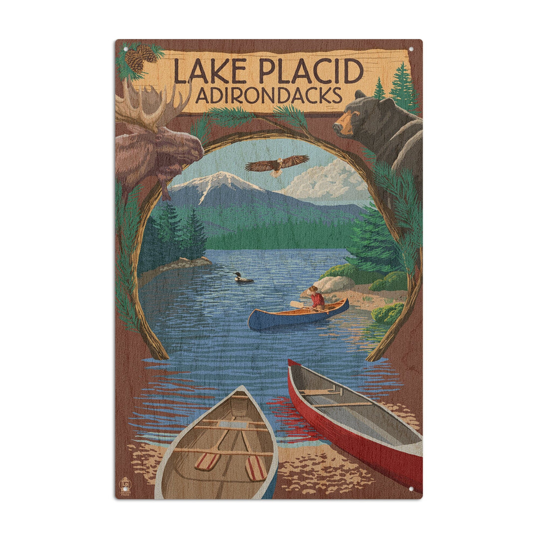 Lake Placid, New York, Adirondacks Canoe Scene, Lantern Press Artwork, Wood Signs and Postcards Wood Lantern Press 10 x 15 Wood Sign 