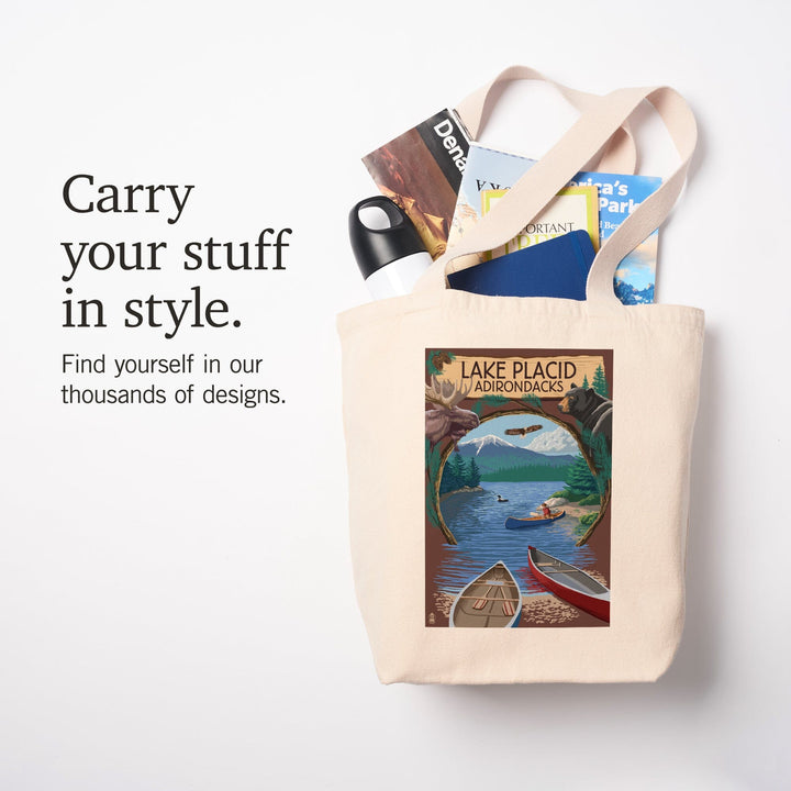 Lake Placid, New York, Adirondacks Canoe Scene, Tote Bag Totes Lantern Press 