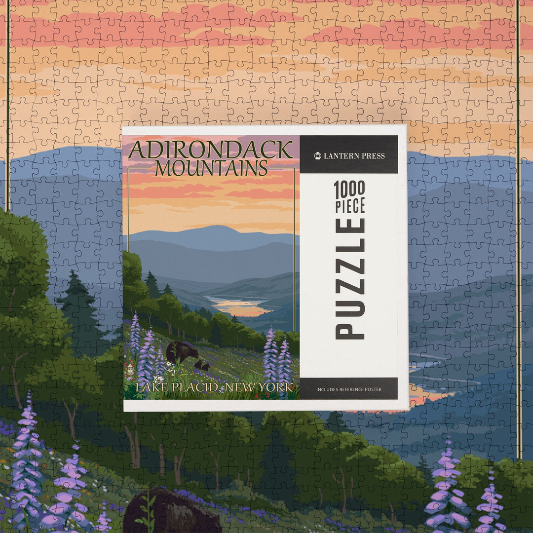 Lake Placid, New York, Adirondacks Mountains, Bears and Spring Flowers, Jigsaw Puzzle Puzzle Lantern Press 