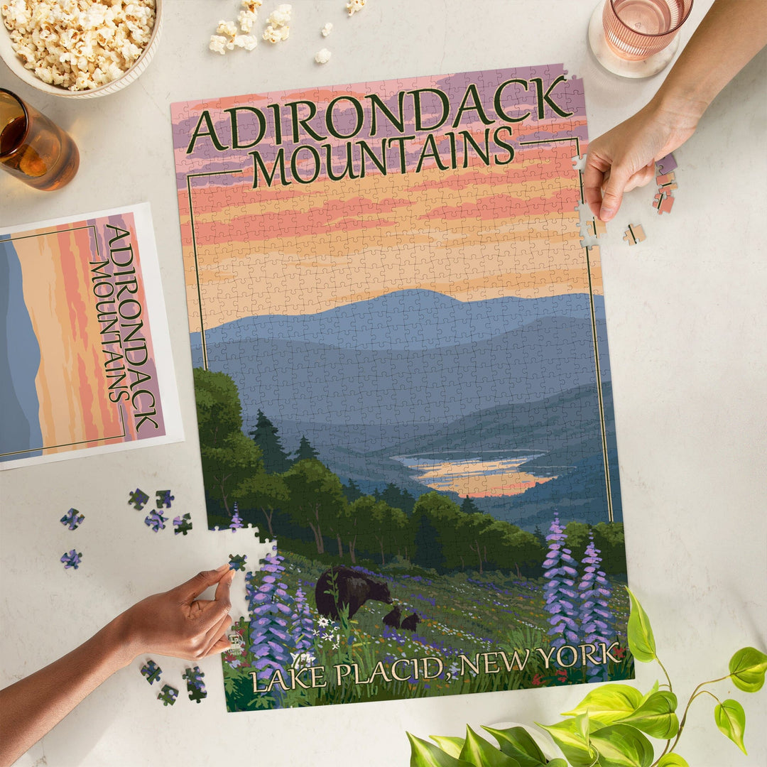 Lake Placid, New York, Adirondacks Mountains, Bears and Spring Flowers, Jigsaw Puzzle Puzzle Lantern Press 