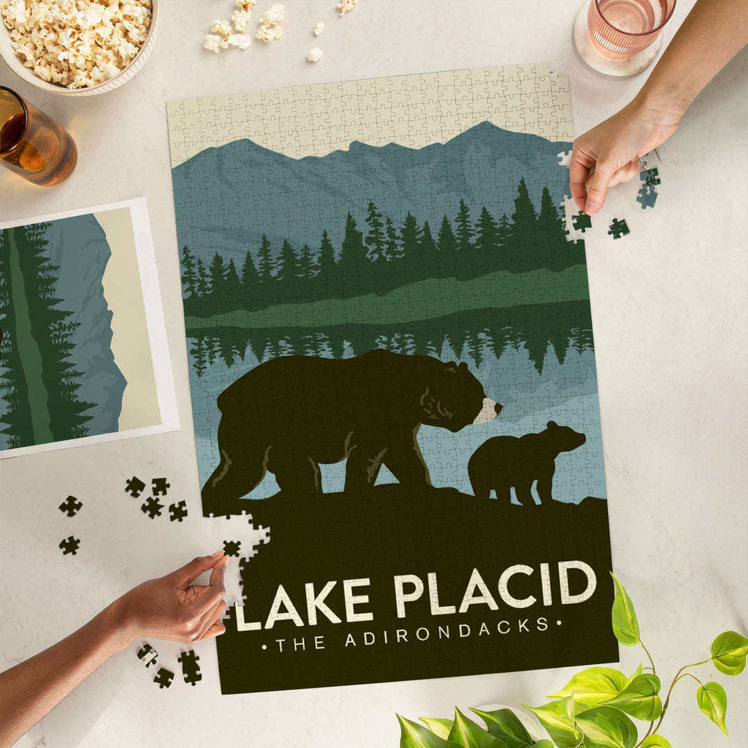 Lake Placid, New York, The Adirondacks, Grizzly Bears, Vector, Jigsaw Puzzle Puzzle Lantern Press 