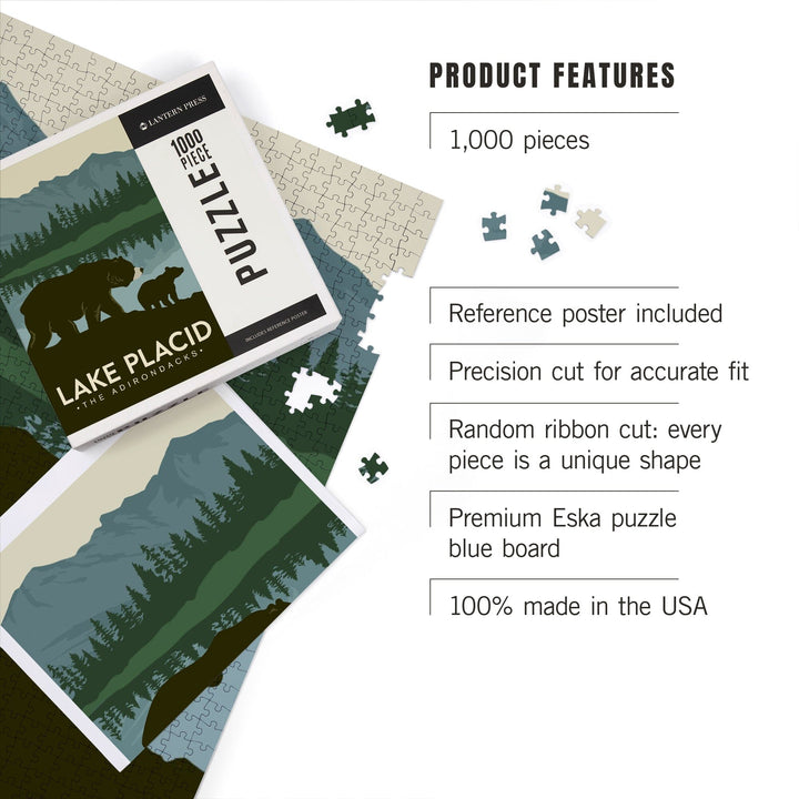 Lake Placid, New York, The Adirondacks, Grizzly Bears, Vector, Jigsaw Puzzle Puzzle Lantern Press 