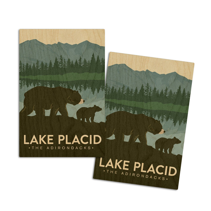 Lake Placid, New York, The Adirondacks, Grizzly Bears, Vector, Lantern Press Artwork, Wood Signs and Postcards Wood Lantern Press 4x6 Wood Postcard Set 