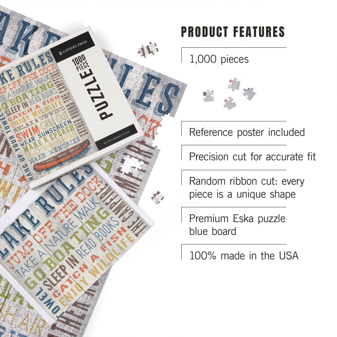 Lake Rules, Rustic Typography, Jigsaw Puzzle Puzzle Lantern Press 