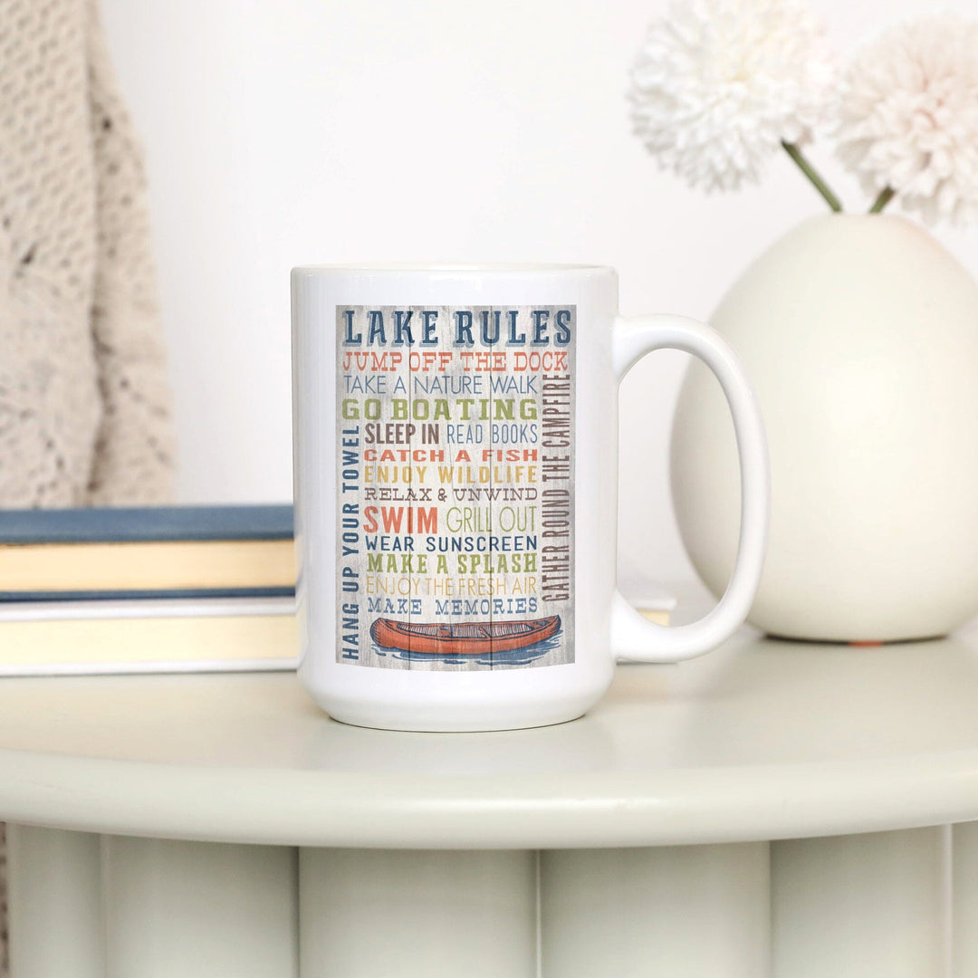 Lake Rules, Rustic Typography, Lantern Press Artwork, Ceramic Mug Mugs Lantern Press 