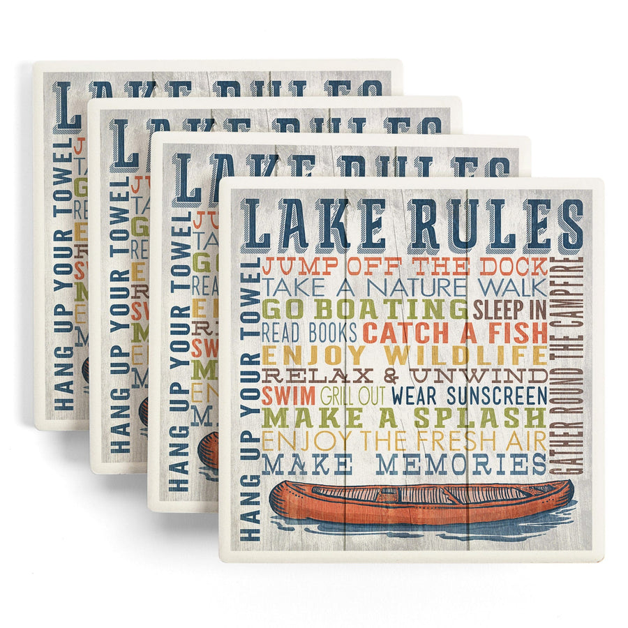 Lake Rules, Rustic Typography, Lantern Press Artwork, Coaster Set - Lantern Press