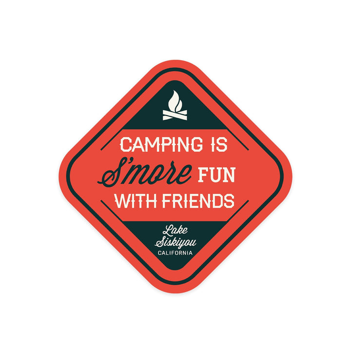 Lake Siskiyou, California, Camping is S'more Fun With Friends, Contour, Vinyl Sticker - Lantern Press