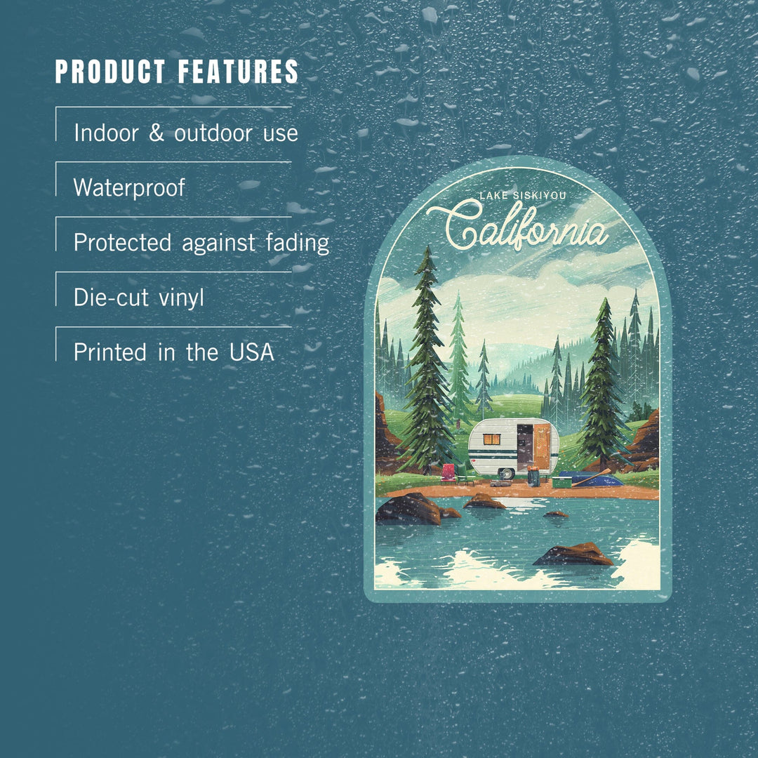 Lake Siskiyou, California, Outdoor Activity, At Home Anywhere, Camper in Evergreen, Vinyl Sticker Sticker Lantern Press 