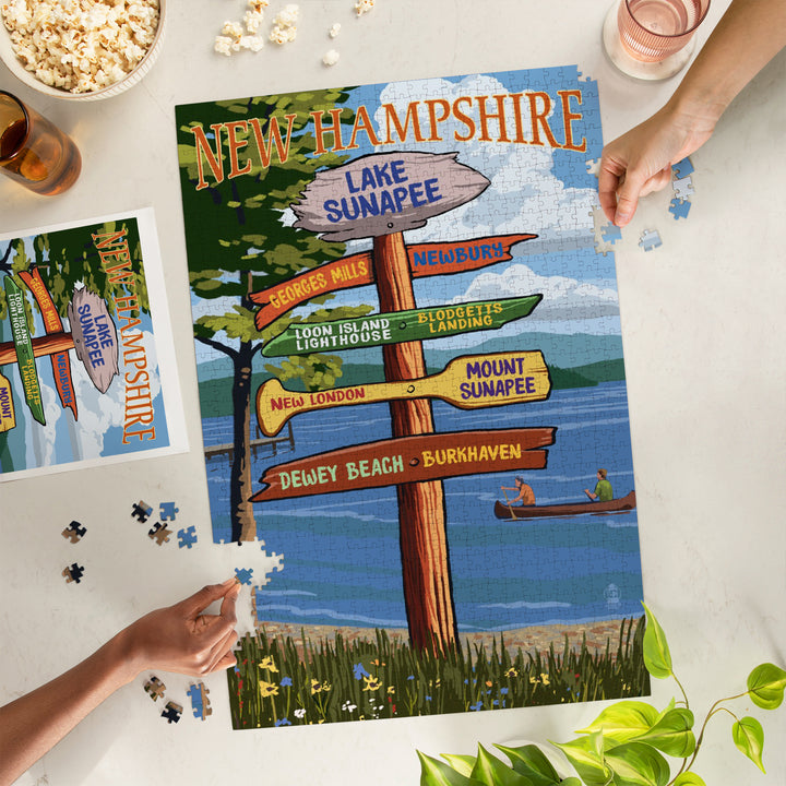 Lake Sunapee, New Hampshire, Destinations Signpost, Jigsaw Puzzle Puzzle Lantern Press 