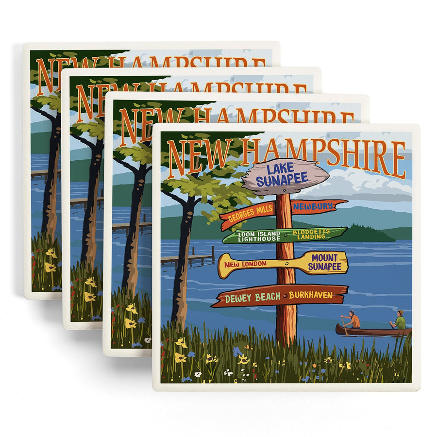 Lake Sunapee, New Hampshire, Destinations Signpost, Lantern Press Artwork, Coaster Set - Lantern Press