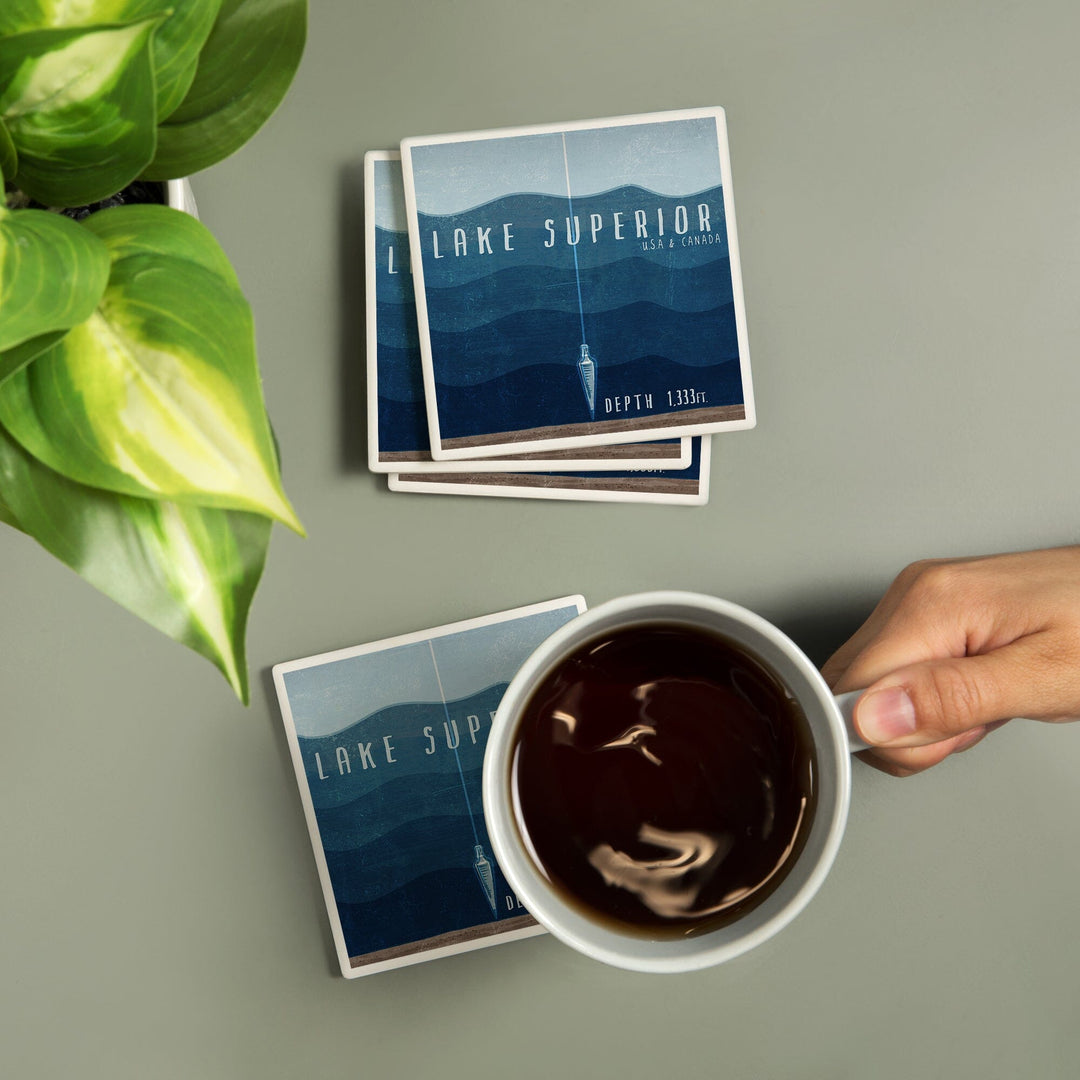 Lake Superior, Wisconsin, Lake Essentials, Lake Depth, Lantern Press Artwork, Coaster Set - Lantern Press