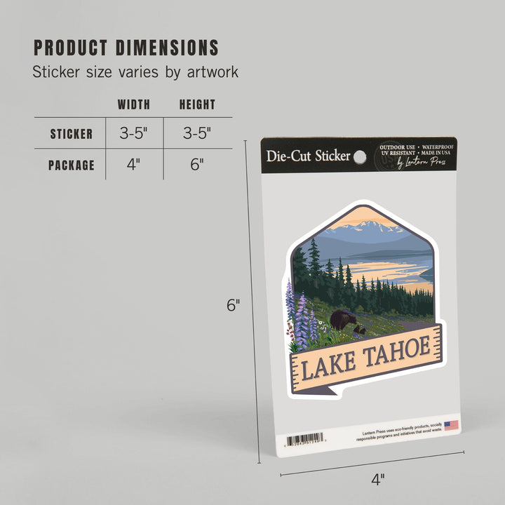 Lake Tahoe, Bear & Spring Flowers, Contour, Lantern Press Artwork, Vinyl Sticker - Lantern Press