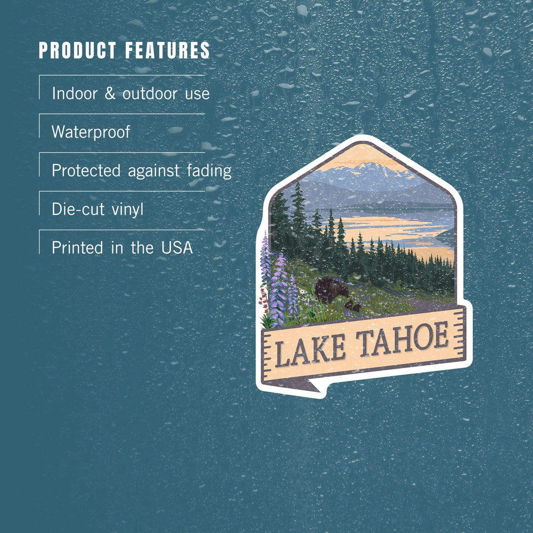 Lake Tahoe, Bear & Spring Flowers, Contour, Lantern Press Artwork, Vinyl Sticker - Lantern Press