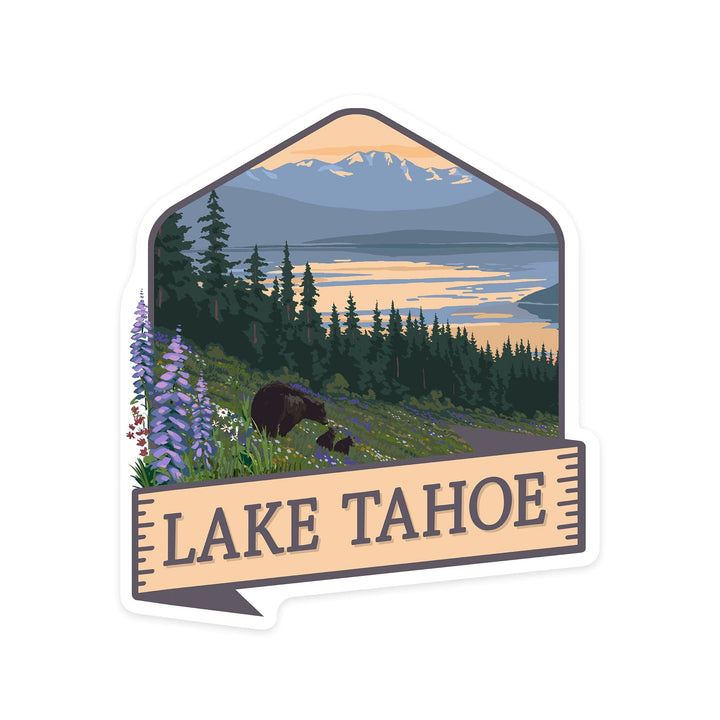 Lake Tahoe, Bear & Spring Flowers, Contour, Lantern Press Artwork, Vinyl Sticker - Lantern Press