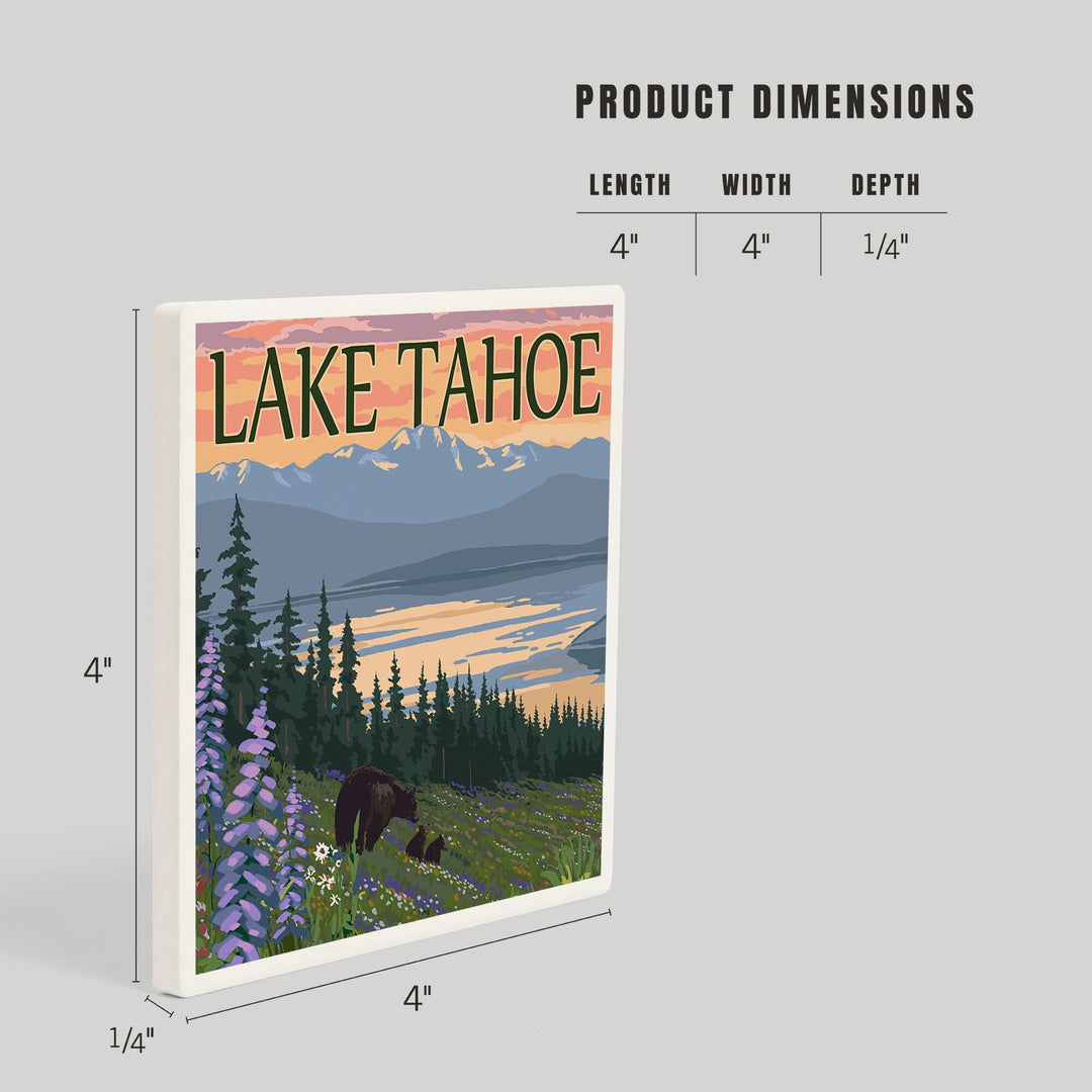 Lake Tahoe, Black Bear and Cubs and Flowers, Coasters Coasters Lantern Press 
