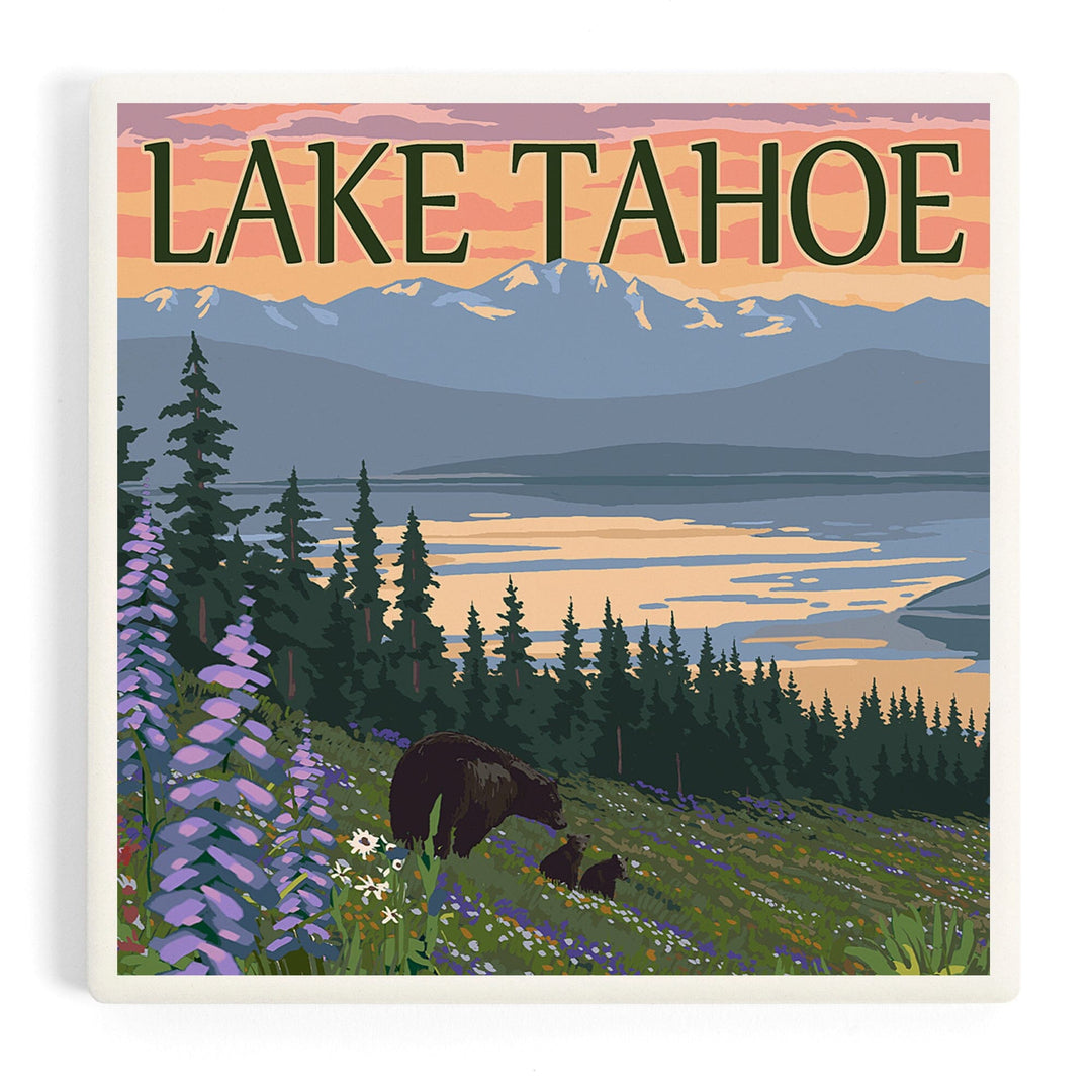 Lake Tahoe, Black Bear and Cubs and Flowers, Coasters Coasters Lantern Press Coaster 
