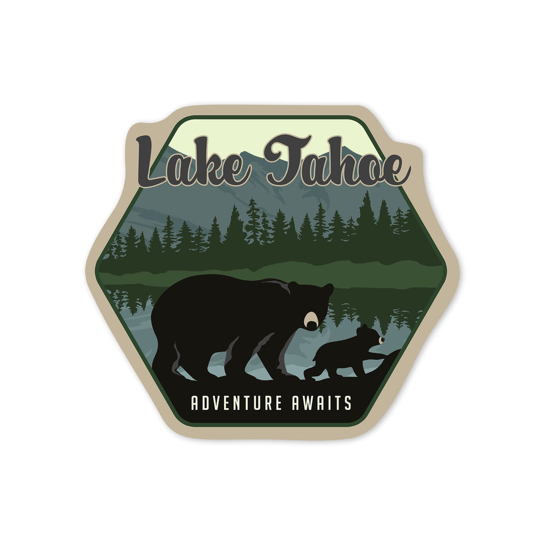 Lake Tahoe, Black Bear & Cub, Contour, Lantern Press Artwork, Vinyl Sticker Sticker Lantern Press 