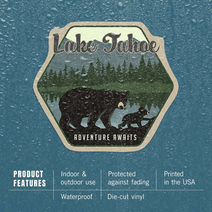 Lake Tahoe, Black Bear & Cub, Contour, Lantern Press Artwork, Vinyl Sticker Sticker Lantern Press 