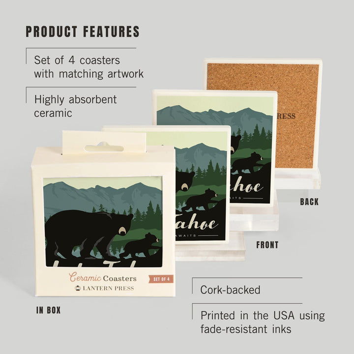 Lake Tahoe, Black Bear & Cub, Lantern Press Artwork, Coaster Set - Lantern Press